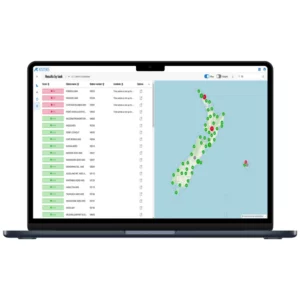 Analytics interface with a table on the left and a geographic map with green and red markers on the right.