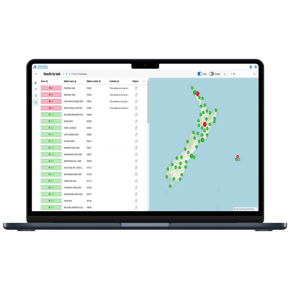 Analytics interface with a table on the left and a geographic map with green and red markers on the right.