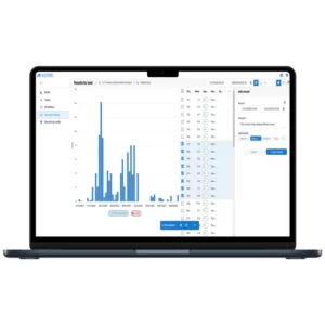 Analytics interface with a blue bar chart, tabular values and controls arranged around the chart.