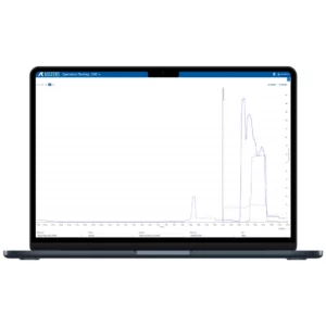 Analytics interface with a line chart containing several narrow peaks and a cluster of higher values on the right.