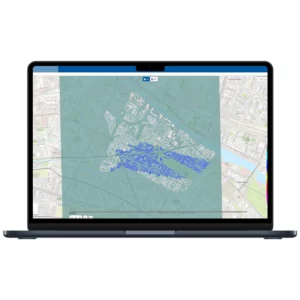 Analytics interface with a geographic map containing a large blue area surrounded by green shaded areas.