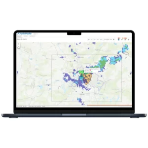 Analytics interface with a geographic map showing several blue and green areas and colored markers.