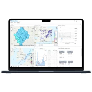 HydroMaster interface with several map views, charts, tables and colored graphical elements arranged in multiple panels.