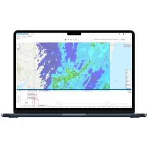 HydroMaster interface with a large geographic map containing blue, green and purple areas and a chart below.