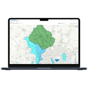 HydroMaster interface with a geographic map containing a large outlined area divided into green and turquoise sections.