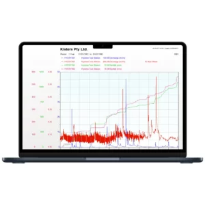 Hydstra interface with a chart containing several colored lines, red vertical peaks and a light grid.