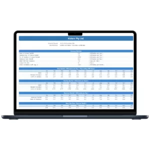 Hydstra interface with a blue and white table containing multiple rows, columns and numerical values.