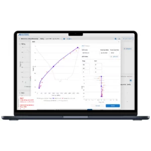WISKI interface with a purple curved line, multiple data points, a table and an additional vertical graphical display.